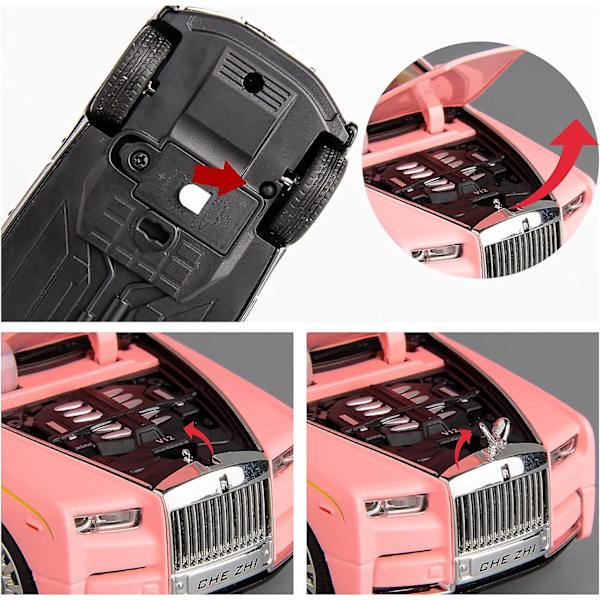 1/32 Rolls-Royce Phantom Modellbil, Zinklegering Dragbil Leksak med Ljud och Ljus för Barn Pojke Flicka Present (Rosa)