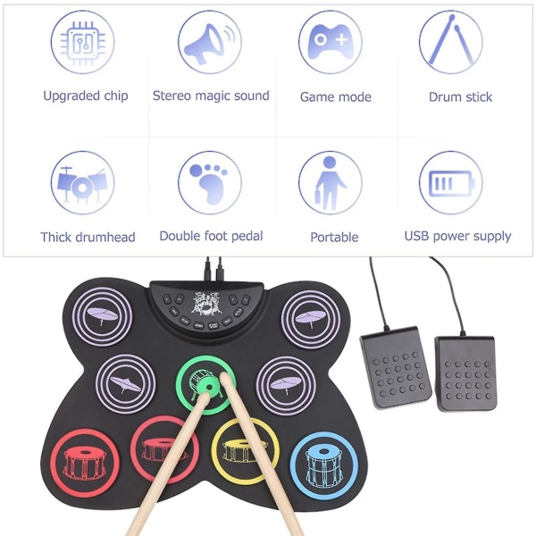 Elektronisk trommesett, sammenleggbar silikon-håndrull Elektronisk trommelopprulling av trommesett, trommepedaler trommestikker, flott feriebursdagsgave F