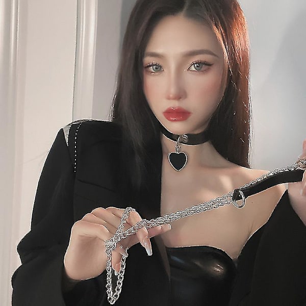 Wabjtam Choker Punk Hauling Chain Pu Lær Krage Metall Ring Gotisk Halskjede Nattklubb Goth Bånd Justerbar Størrelse LANG