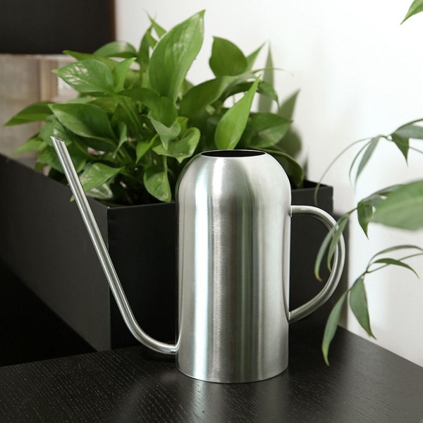 Vannkanne i rustfritt stål - 1,5 l metallvanningskanne med lang tut for å forhindre søl, perfekt plantevanningskanne for utendørs og innendørs planter Silver