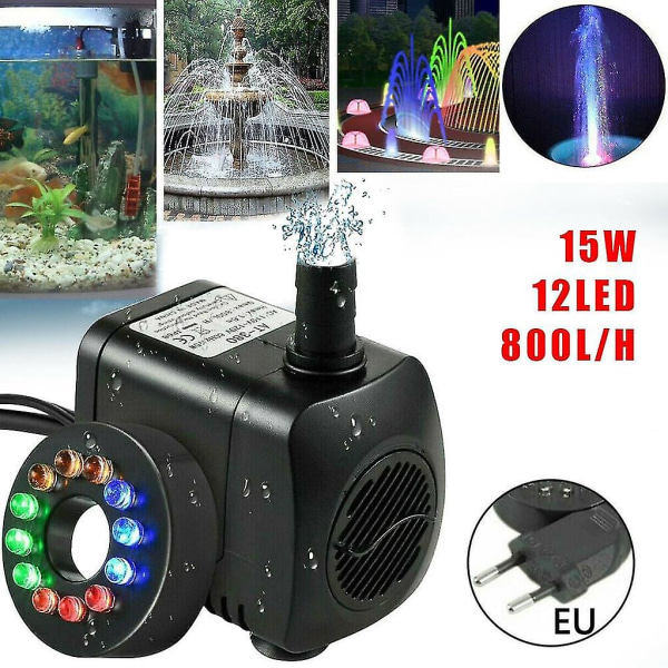 15W 800L/t Fontenepumpe, Damppumpe, Fontenepumpe, Hagepumpe, Fontenepumpe med 12 LED-lys