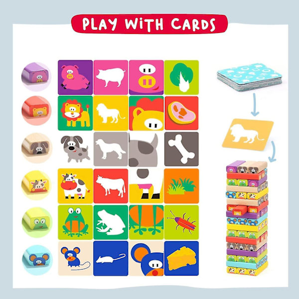Leksaker - Trä Tumbling Tower Spel För Barn 4 I 1 Med Djur Och Färger - Familjespel För Flickor Pojkar I Åldern 3-9 År - Pedagogisk Leksak Som D