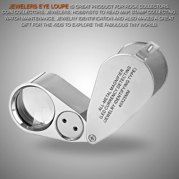40x jalokivikauppiasluuppi, kokoontaittuva suurentava korujen silmän suurennuslasi, jossa LED-valo valaistu (LED-valuutantunnistin/jalokauppiaiden tunnistustyyppi Lupe)