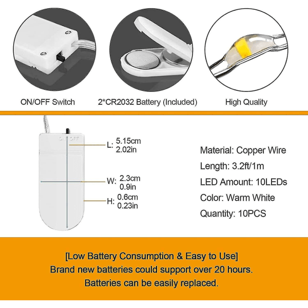 10 stk LED-lyskjede batteri, lyskjede små med batteri, 1m 10 mikro