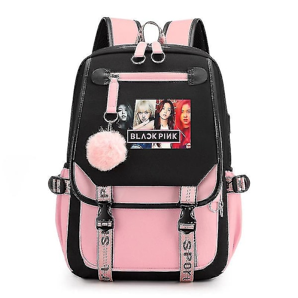 2022 Koulureppu Kirjakassi USB-latauksella ja kuulokeliitännällä (musta-vaaleanpunainen) blackpink Reppu Läppärilaukku