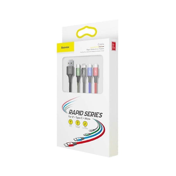 4-i-1 Lightning/2 USB-C/Micro-USB til USB-A Hurtiglading 3.5A 1.2m kabel, Svart