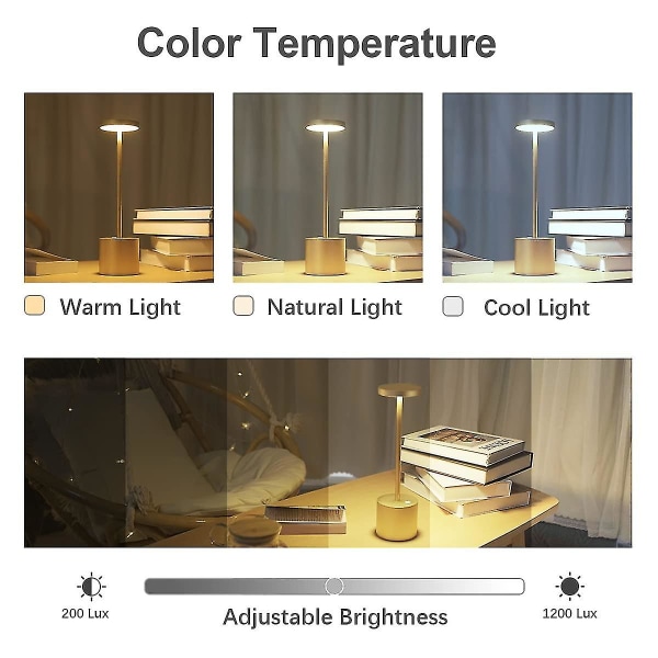 Trådløs oppladbar bordlampe, 5000mah USB-lading design metall LED-skrivebordslampe, 3 fargemoduser, for nattbord, utendørs, uteplass, restaurant