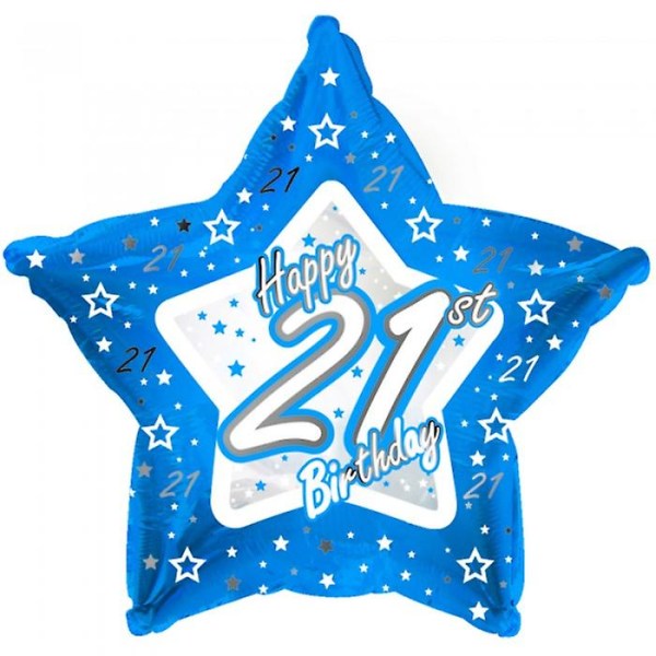 Tähtien muotoinen folioilmapallo Happy 21st Birthday -designilla. Koko: (noin) 18 tuumaa. Toimitetaan tyhjennettynä postituksen helpottamiseksi. Toimittaja Creative Party Ltd.