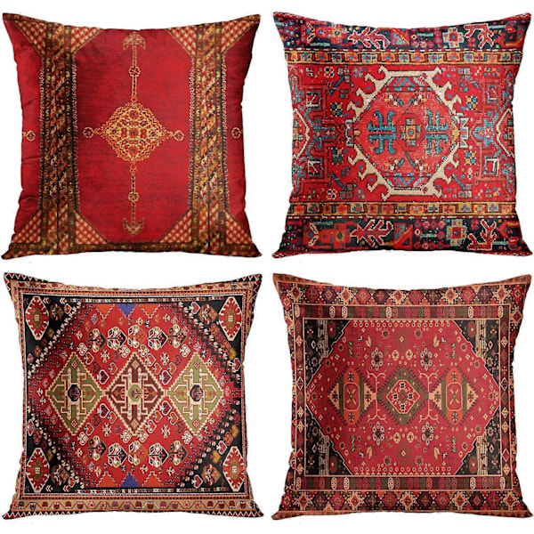 4-delt sæt Vintage Rød Blomstret Tyrkisk Persisk Tæppe Linned Pudebetræk Hjemmepude Pude Pudebetræk Geometrisk Persisk Kilim Boligindretning 4-delt Se