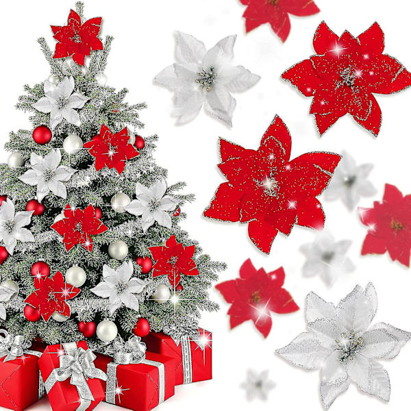 40 stk. Juleblomster i Poinsettia med 40 stk. Klips og 40 stk. Stilke Rød Sølv Juleblomster Glitter