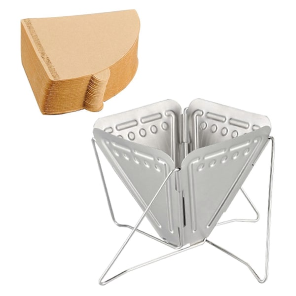 Kaffetragt Filterholder, Bærbar Foldbar Rustfrit Stål Genanvendelig Kaffekeglefilter 100 stk. Filterpapir til Picnic Camping