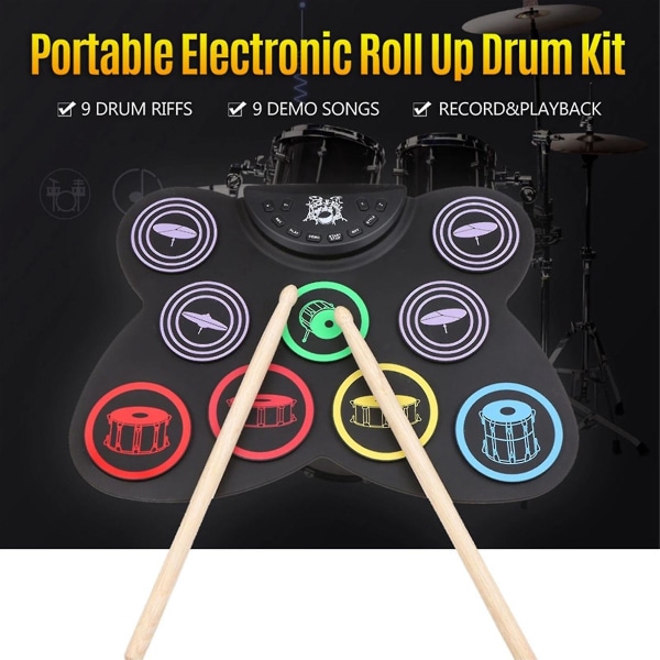 Elektronisk trommesæt, Sammenfoldelig Silikone Håndrulle Elektronisk Tromle Roll Up Drum Practice Pad Kit, Trommepedaler Trommestænger, Fantastisk julefødselsdagsgave F