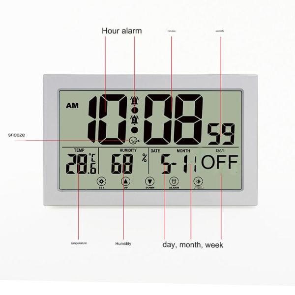 Modernt enkelt sovrum vardagsrum arbetsrum LCD digital display väggklocka röststyrning touch med lysande multifunktionsklocka