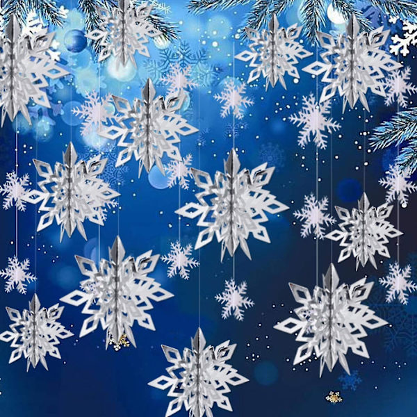 Vinterjul hängande snöflingor dekorationer, 12 st 3d stora silver snöflingor & 12 st vita pappers snöflingor hängande girlang för jul vinter w