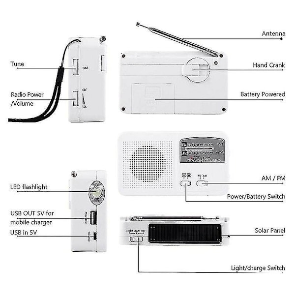 Nödradio med solceller och handvev Självdriven, batteri USB laddning Fm/am-radio led ficklampa telefonladdare