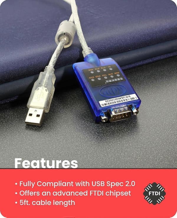 USB - sarja RS-232 -sovitin LED-merkkivaloilla, FTDI-piirisarja, tukee Windowsia