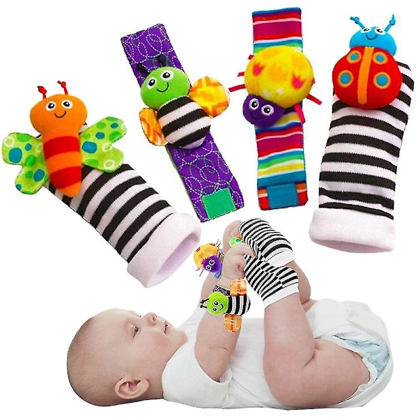 4-pack Spädbarns- och Babypussel Härliga Strumpor och Handledsrem Leksak Tecknad Djurformad Handledsskallror Fotstrumpor Leksaker