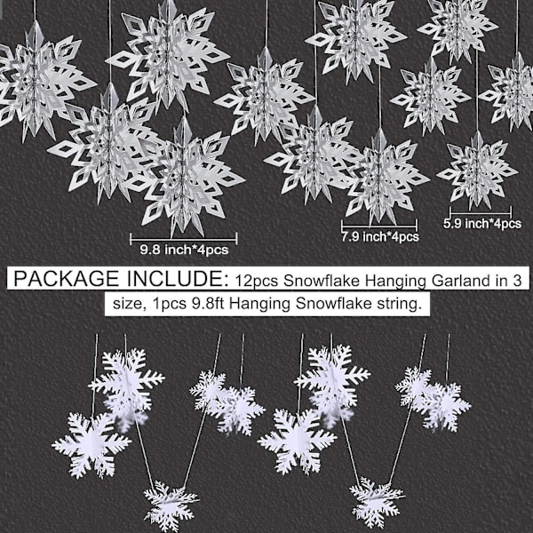 Vinterjul hängande snöflingor dekorationer, 12 st 3d stora silver snöflingor & 12 st vita pappers snöflingor hängande girlang för jul vinter w