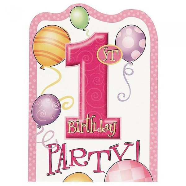Materiale: Kort. Design: Balloner, nummer, trykt, tekst. RSVP-information inde. Indhold: 8 kuverter. Anledning: 1 års fødselsdag.