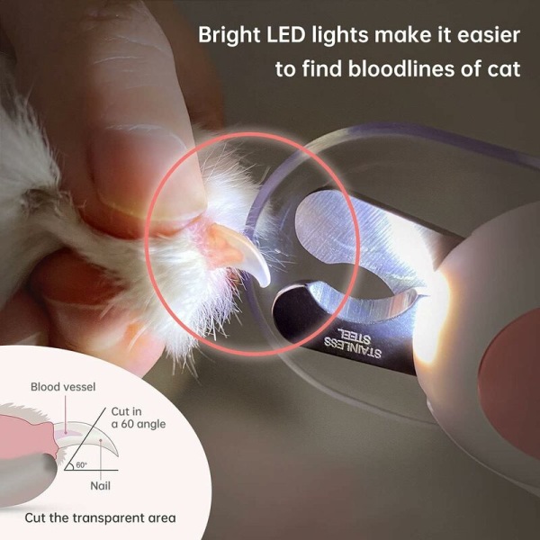 Hunde- og kattekløskærer - LED-lys for at undgå at klippe kløer - 6 batterier - Pink