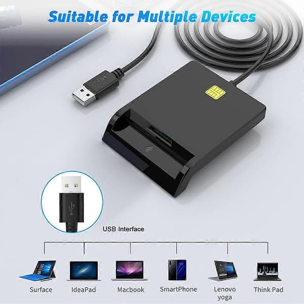 Smart Card Reader DOD Militær USB Common Access CAC, Kompatibel med Windows, Mac OS og Linux