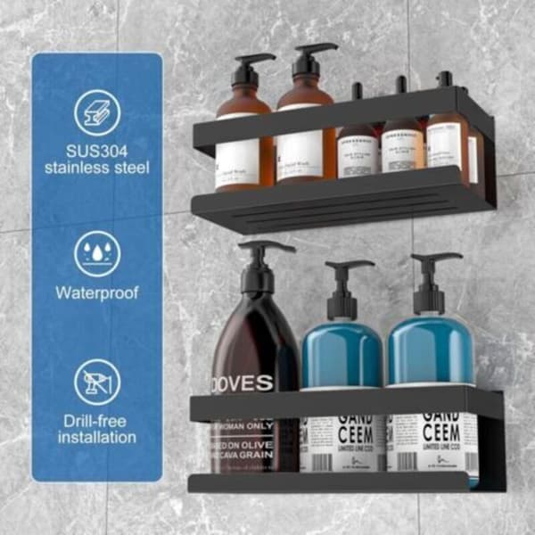 Badeværelseshylde uden boring, 2 stk. rustfrit stål SUS304 bruseopbevaring, badeværelseshylde til brusegel og shampoo (sort)