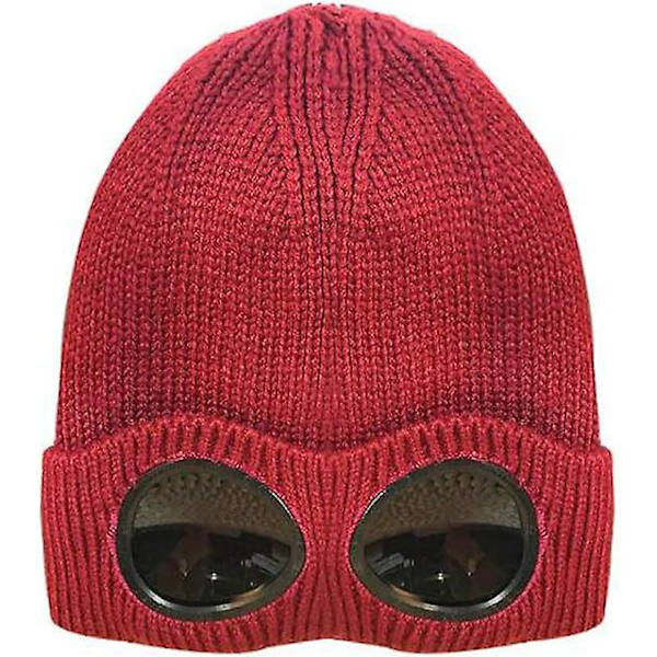 Unisex Fleece Skihue Beanie Vinterhat Med Goggles Strikket Varmt Uldhatte Sne Ski Hjelm Udendørs Capvinrød