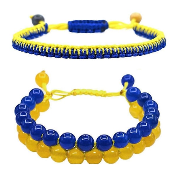2 st Handgjorda Ukraina Flagga Armband med Naturliga Kristallpärlor - Blå och Gul
