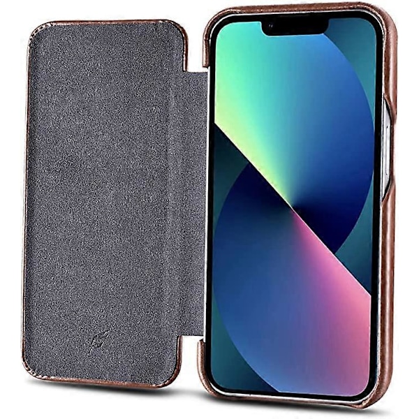 Læder Folio Etui Kompatibel med iPhone 13 mini - Vintage Stil Ægte Læder Flip Folio Design Cover - Indbygget Magnetisk Lukning - Brun 12