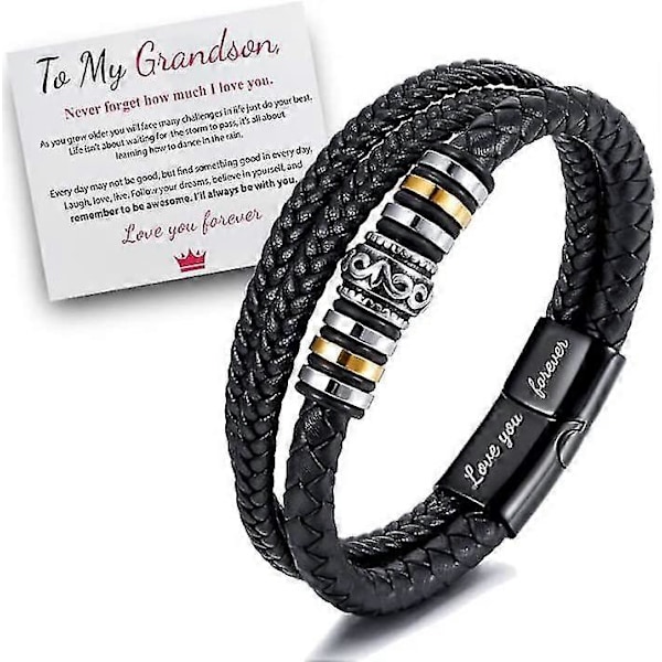 Til Min Sønn/Til Min Grandson - \"Jeg Vil Alltid Være Med Deg\" Flettet Lær Armbånd For Menn, Rustfritt Stål Inspirerende Armbånd, Menn Flettet Lær