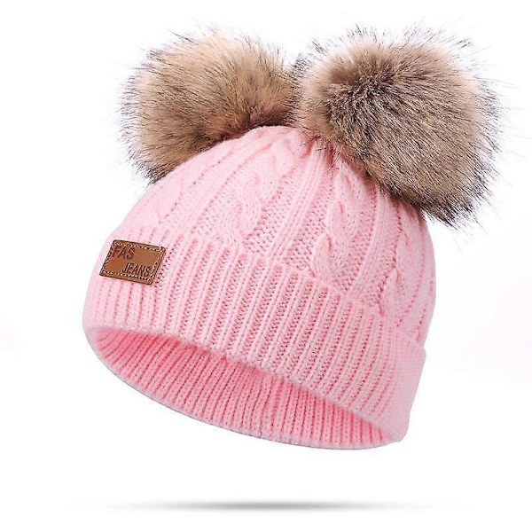 Barsinfi Toddler Ullhatt Vinter Twist Dubbla Pom Pom Stickade Mössor Rosa