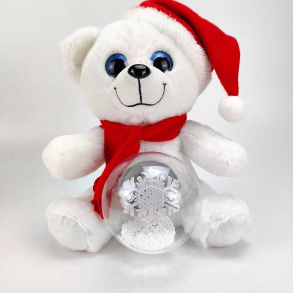 10'' Julnalle, Led Light Glow Musikal Singing Bear Plyschleksaker med snöglober, födelsedagsfester Presenter för pojkar Flickor (vit)