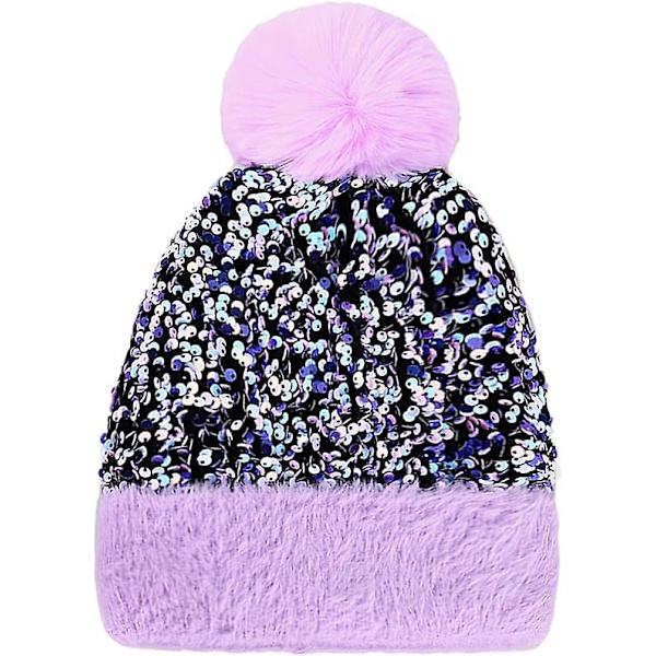 Damer og Piger Vinter Sequin Beanie Hat med Kunstig Pels Pom Pom Strikket Skull Cap