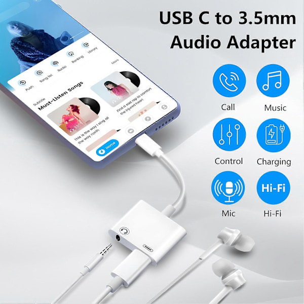 USB-C till 3,5 mm Hörlurar och Laddare Adapter 2-pack, 2-i-1 USB-C till Aux Jack Dongle Kabel med PD Snabbladdning