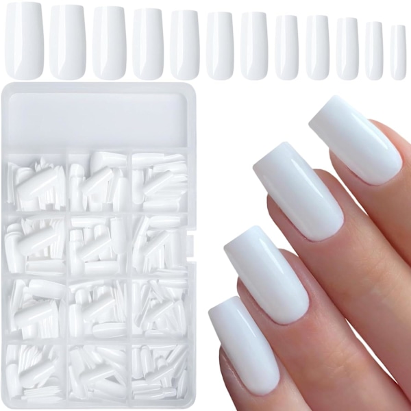 240pc Square Press on Nails Long Fake Nails Glue on Press on Nails Square Nail Tips Full Cover White Acrylic Nails Press ons Nail False Fingernail wit