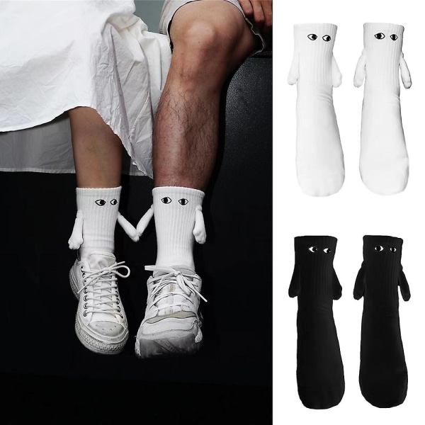 Par holder hænder Sokker, magnetisk suge 3d dukke par sjove sokker gaver White and Black - 2Pairs