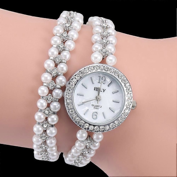 Modelegering Band Kvarts Klocka Faux Shinning Faux Pärla Strass Damklocka (Silver)