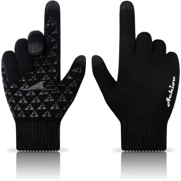 Vinterstrikkede handsker berøringsskærm for at holde varmen, bløde elastiske manchetter (sort)