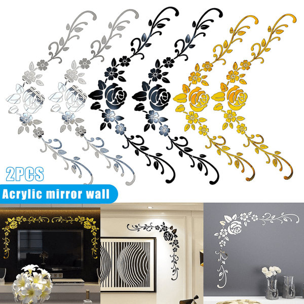 2 stk avtakbare 3D-speil Blomsterkunstveggklistremerker Akrylveggdekor Hjemdekor Black