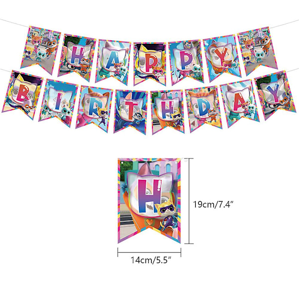 Super Kitty -sarjakuva-aiheinen syntymäpäiväjuhlan koriste- ja tarvikesarja lapsille, sisältää Happy Birthday -kyltin, kakku-/kuppikakkukoristeet, ilmapallot