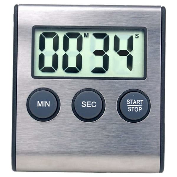 Mini digital timer, 24-timers format, nedtælling og stopur, til madlavning, sport, studier, møder, parkering, medicinsk behandling. Rustfrit stål.