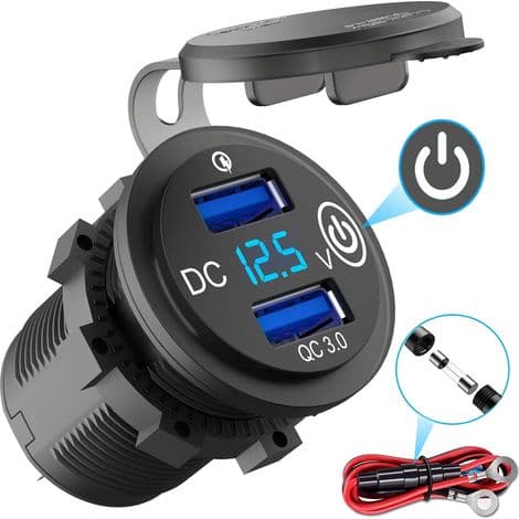 Quick Charge 3.0 USB billader med bryter, 12V billader med integrert USB-plugg, vanntett stikkontakt med blå LED-volt