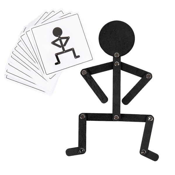 Puinen Stickman-lelu, musta puinen tikku-miehen lelu, jossa 24 korttia juhlapalapelilelu, opettavainen peli lapsille lahja yli 3 vuodelle