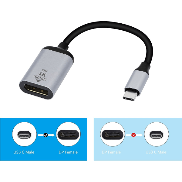 Tyypin C - Displayport-sovitin, 4K@60Hz USB C Uros-DP-naaras HD-muunninkaapeli televisioon, näytölle, projektorille jne.