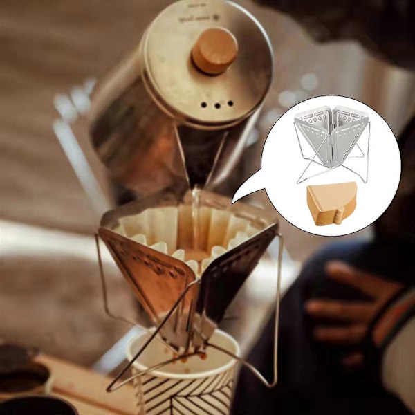 Kaffetragt Filterholder, Bærbar Foldbar Rustfrit Stål Genanvendelig Kaffekeglefilter 100 stk. Filterpapir til Picnic Camping