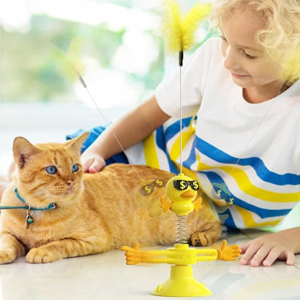 Katt leksak med kraftfull sugkopp, skivspelare katt leksak med två händer och fjäder