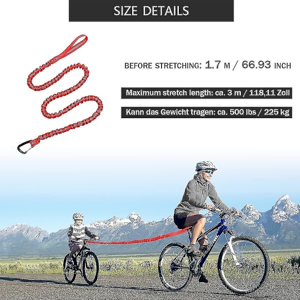 Cykel bogserlina barn Tow Rope Fr cykel bogserrem elastisk cykel Bungee bogserlina,, Bärförmåga 500 Lbs(röd - 170cm)