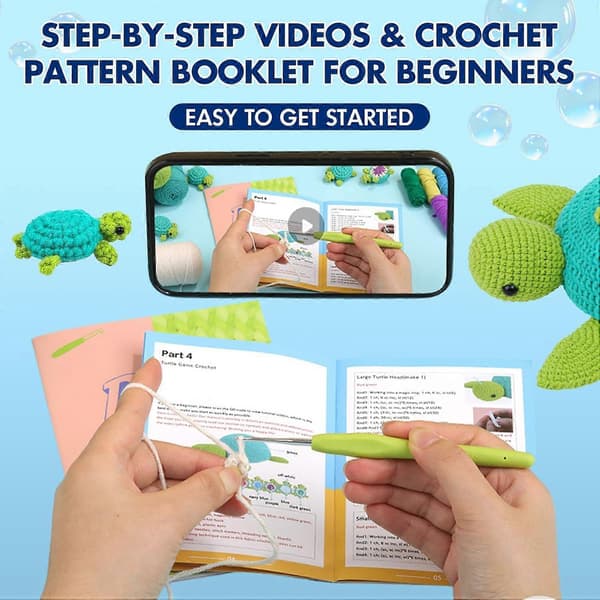 Hæklesæt til begyndere, 21 stk. Skildpaddefamilie med video-tutorials, DIY-gave