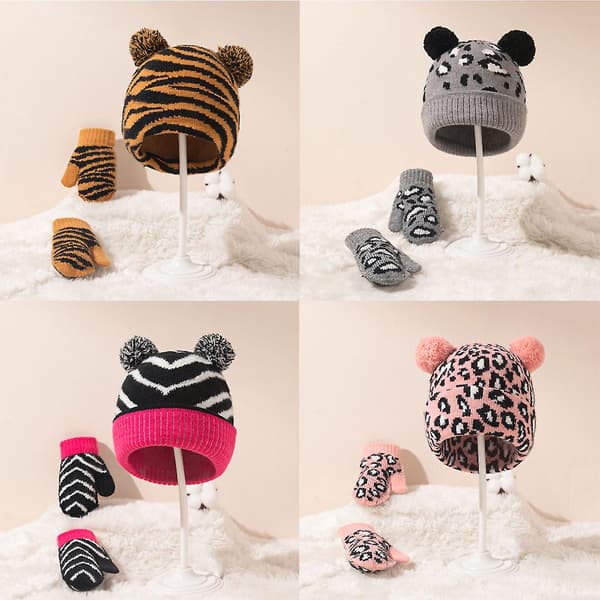 Leopard Tiger Mönstrad Barnhatt & Vantar Set Jacquard Ull Barnhatt & Vantar Set Höst Vinter Dubbla Bollar Baby Stickad Hatt