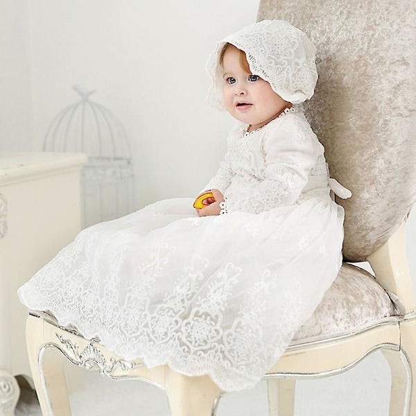 Vauvan tyttöjen kastemekko muodollinen kastepuku prinsessa tyttö pitkät hihat pitsi kirjailtu tylli mekot pitsi hattu